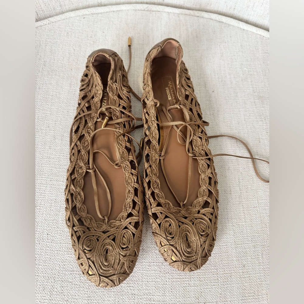 Aquazzura Gold Lace-Up Flats